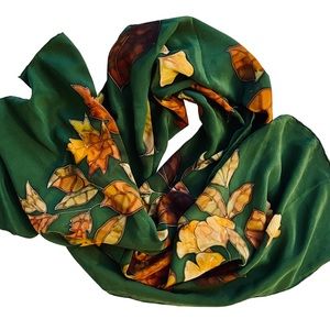 Song of Silk Hand Painted Silk Scarf.  Autumn Colors/Leaf Design. Excellent Cond